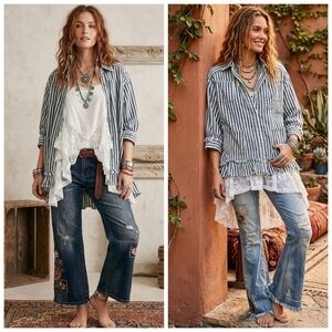 Striped Peplum Button-Up Tunic with Lace Trim